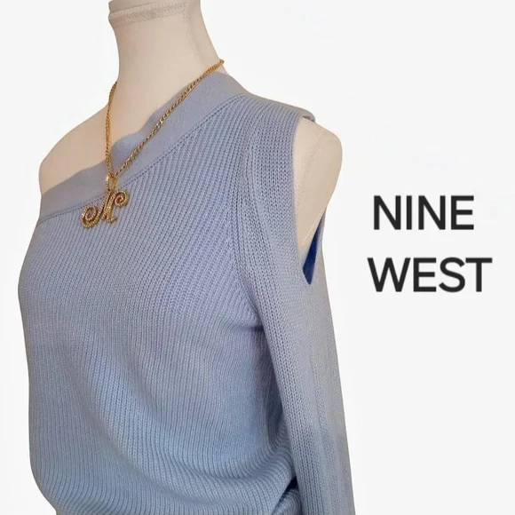 NWT Nine West Light Blue One Shoulder Sexy Sweater Christmas Holiday Gift Y2K - Picture 3 of 8